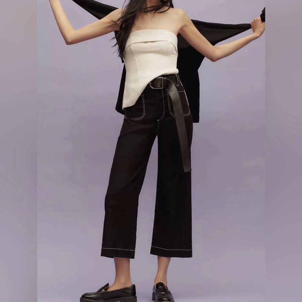 Urban Outfitters Wide Leg High Waist White Contrast Streetwear Black Jeans 6‎